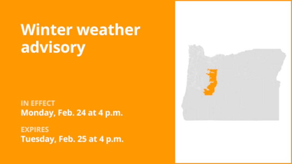 Cascades of Marion and Linn counties and Cascades of Lane County under a winter weather advisory until early Tuesday evening