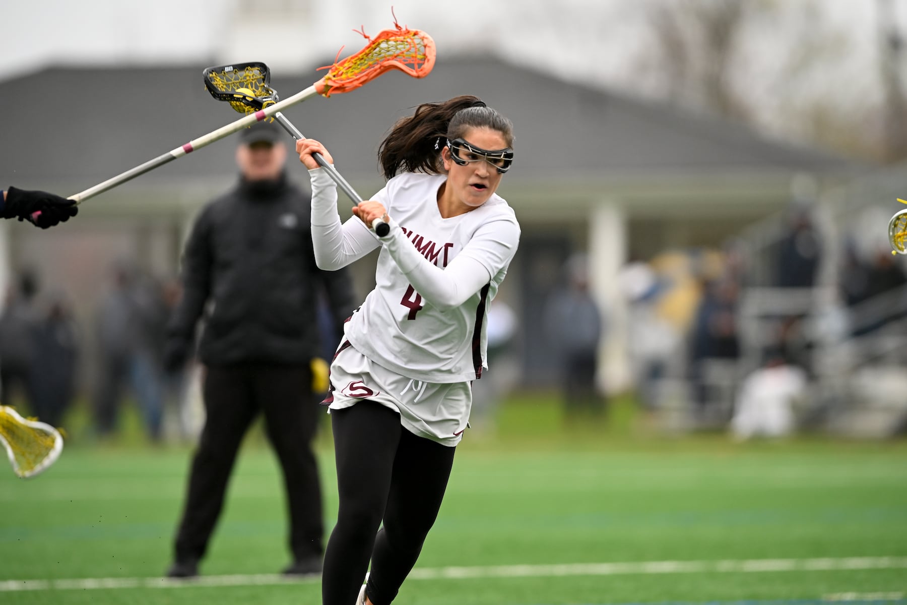 Sara Scallon (4) of Summit takes a shot on goal during the girls lacrosse game between Oak Knoll and Summit at Oak Knoll High School in Chatham, NJ on Saturday, April 12, 2025.