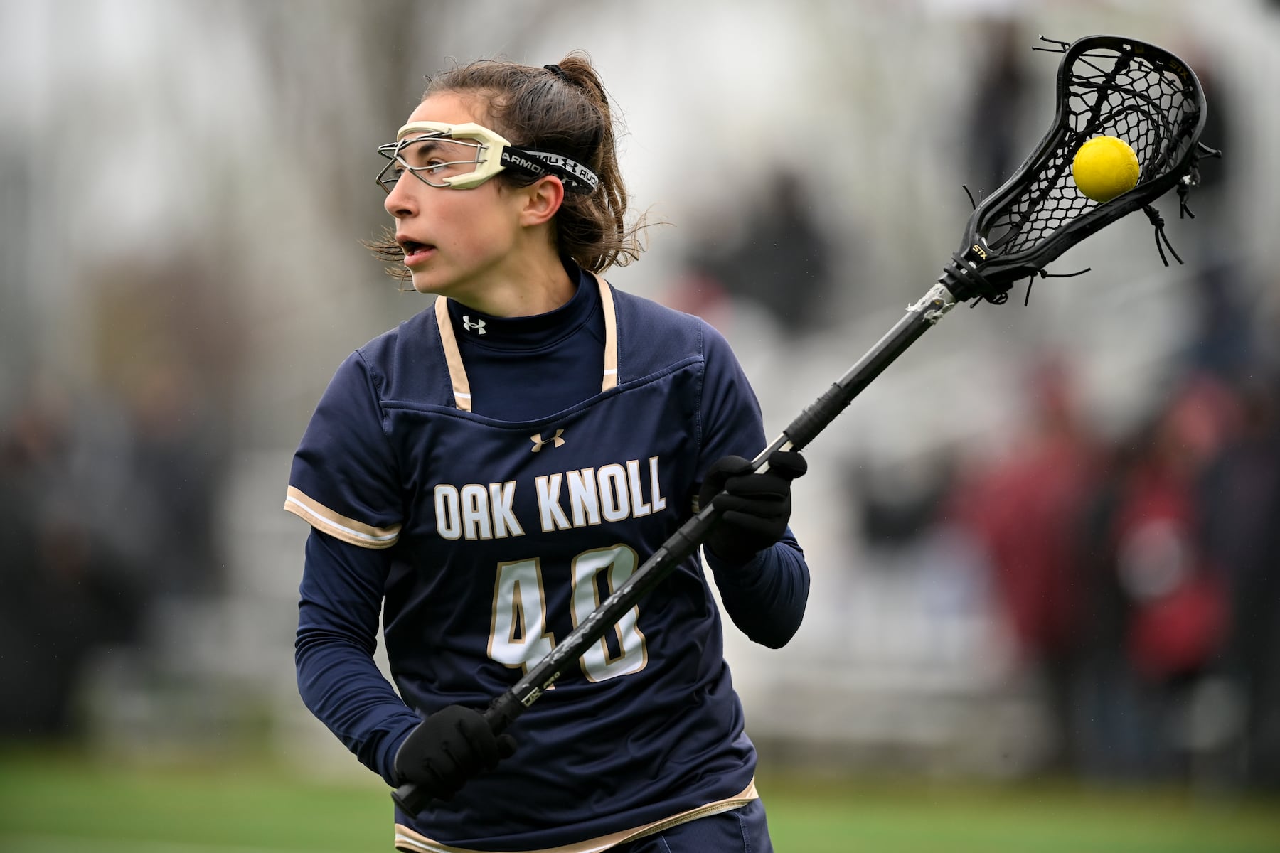 Zoe Harmaty (40) of Oak Knoll plays against Summit during the girls lacrosse game between Oak Knoll and Summit at Oak Knoll High School in Chatham, NJ on Saturday, April 12, 2025.