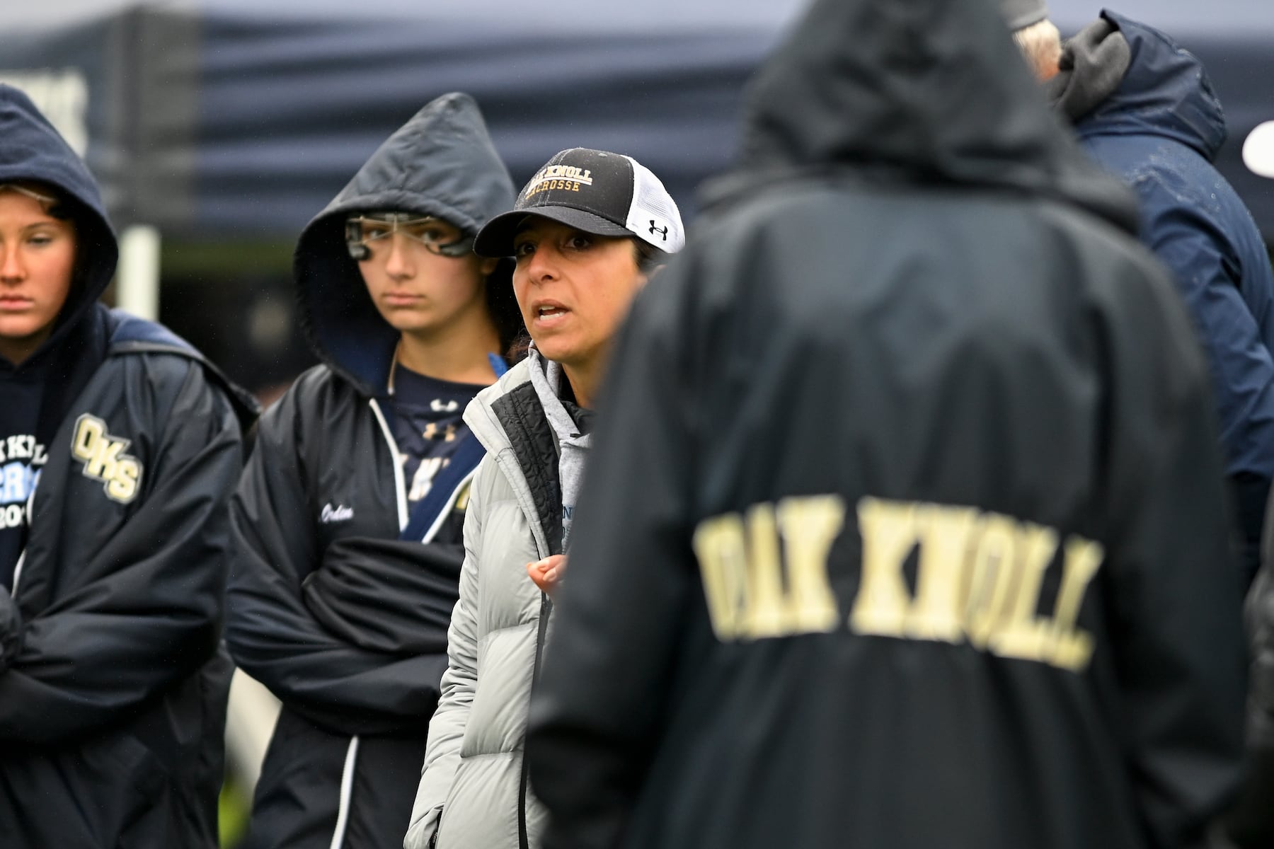 Oak Knoll head coach Gianna Sgroi coaches her team up at half during the girls lacrosse game between Oak Knoll and Summit at Oak Knoll High School in Chatham, NJ on Saturday, April 12, 2025.