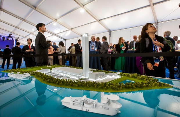 A model of a facility to manufacture unground cable that will include the tallest building in Virginia on display before a groundbreaking ceremony in Chesapeake. Dignitaries included Chesapeake Mayor Rick West, Bon-Kyu Koo, President and CEO of LS Cable & System Ltd., Virginia Governor Glenn Youngkin and Senator Tim Kaine for a groundbreaking ceremony in Chesapeake Monday afternoon, April 28,2025 for LS Greenlink, . Bill Tiernan/ For The Virginian-Pilot