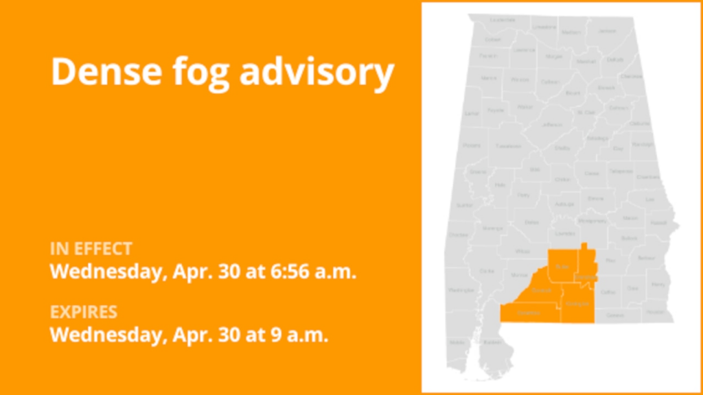Dense fog advisory issued for South Alabama Wednesday morning, visibility down to 1/4 mile