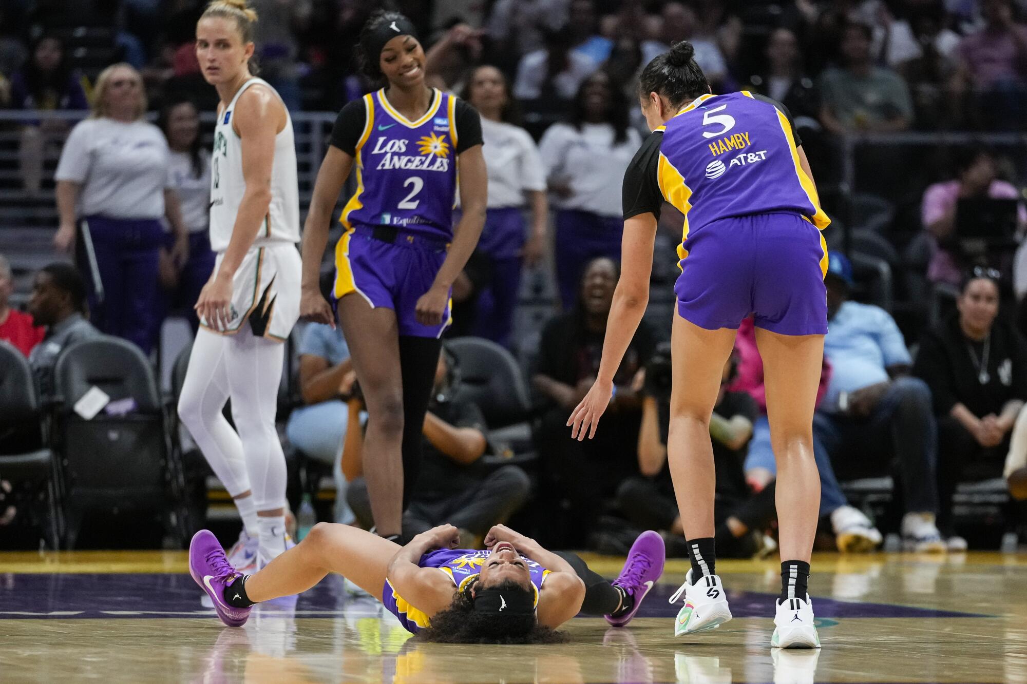 Sparks guard Rae Burrell celebrates after scoring against the New York Liberty at Crypto.com Arena on Aug. 28.