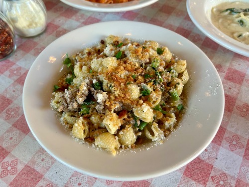 Lumache — little shells — with house-made Italian sausage, cima di rapa (aka rapini), and bread crumbs at Dimo's Apizza.