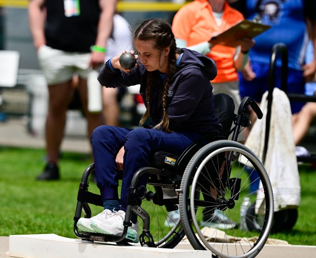 Platte Valley High School junior Leeandra Natotschi prepares to throw during the Paralympic shot put competition at the State Track and Field Championships at Jeffco Stadium in Lakewood, Colorado, on Friday, May 16, 2025. (Photo by Andy Cross/The Denver Post)