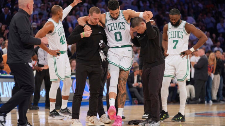 Jayson Tatum pays teammates a visit at team hotel in New York