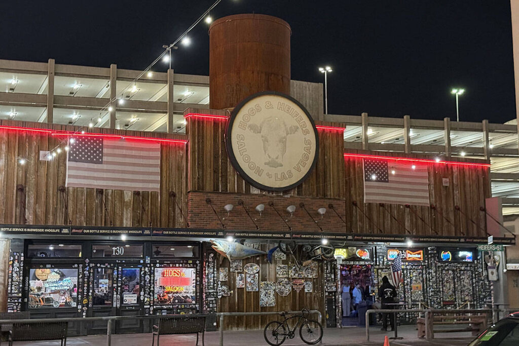 The outside of Hogs & Heifers Saloon on 3rd Street in downtown Las Vegas is shown on Monday, Ma ...