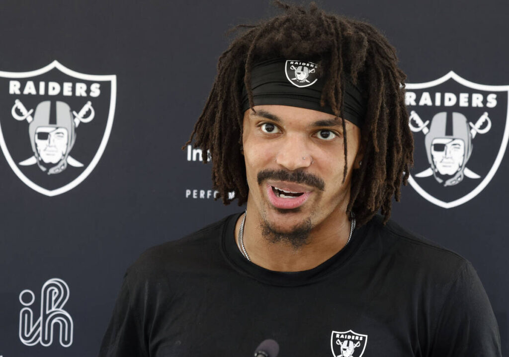 Raiders cornerback Darien Porter addresses the media after participating in the Raiders rookie ...