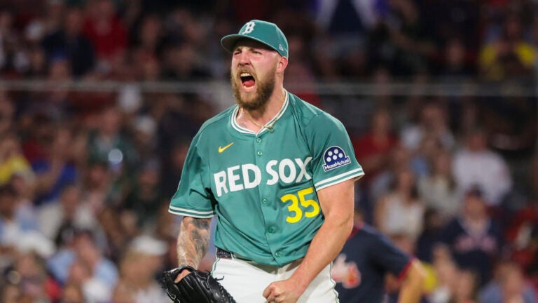 Garrett Crochet #35 starting pitcher for the Boston Red Sox reacts after a bases loaded strike out against the Atlanta Braves during seventh inning MLB action at Fenway Park on May 16, 2025.