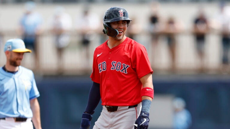 Boston Red Sox designated hitter Marcelo Mayer reacts after stealing second base in the first inning. The Boston Red Sox face the Tampa Bay Rays in an exhibition game during spring training at Charlotte Sports Park.