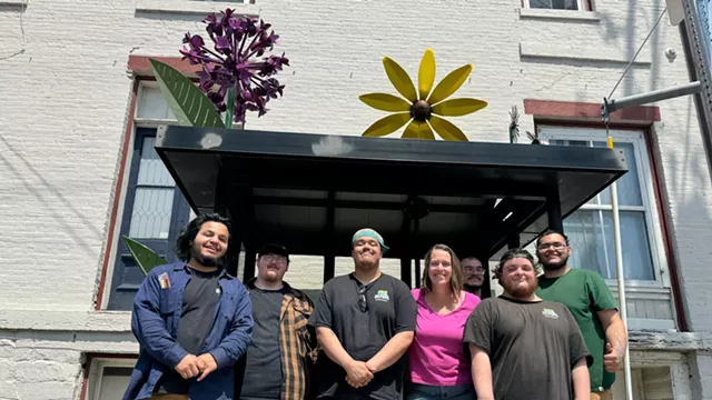 Juan Arroyo-Parra, Zander Lirette, Jah-neil “Jah” Wilson, Kat Clear, Matthew Walters, Evan Willett, Antonio Rodriguez at the "Flower Stop" in Vergennes - EVA SOLLBERGER ©️ SEVEN DAYS