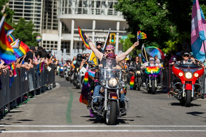 (Rick Egan | The Salt Lake Tribune) Motorcycles lead the Pride Parade, on Sunday, June 8, 2025.