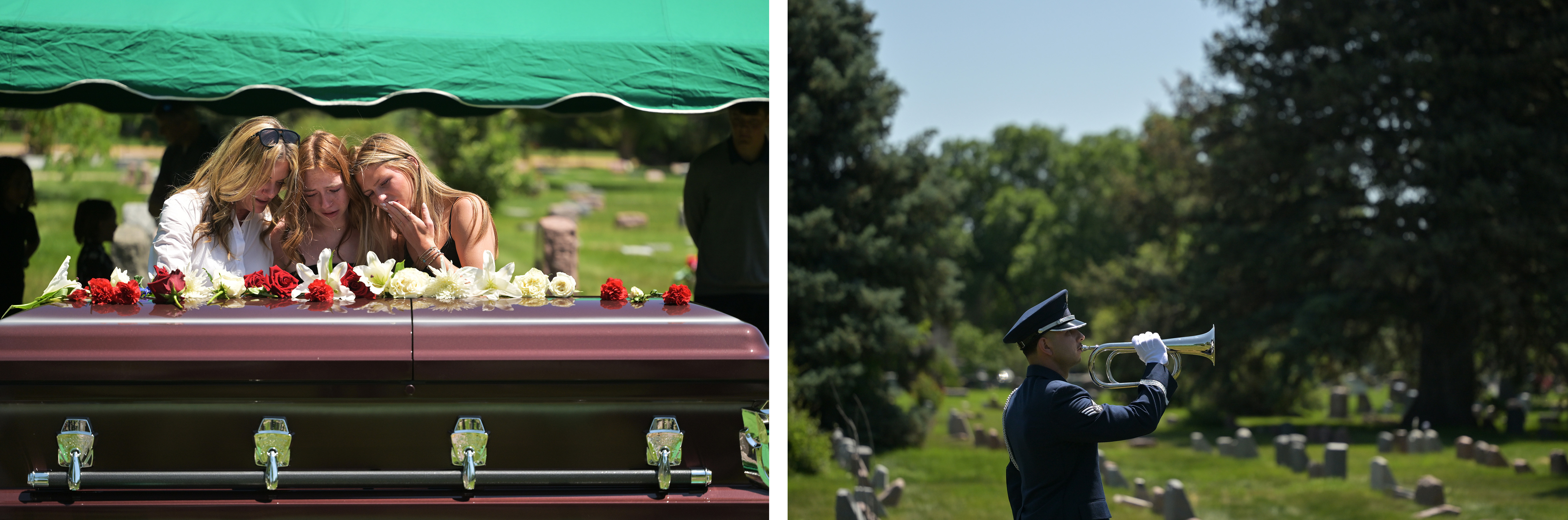 Heather Holmes, left, and her daughters Leora, 13, center, and Adelynn, 16, right, say their goodbyes to Raymond Farris Chambers at Fairmount Cemetery in Denver on June 18, 2025. RIGHT: 