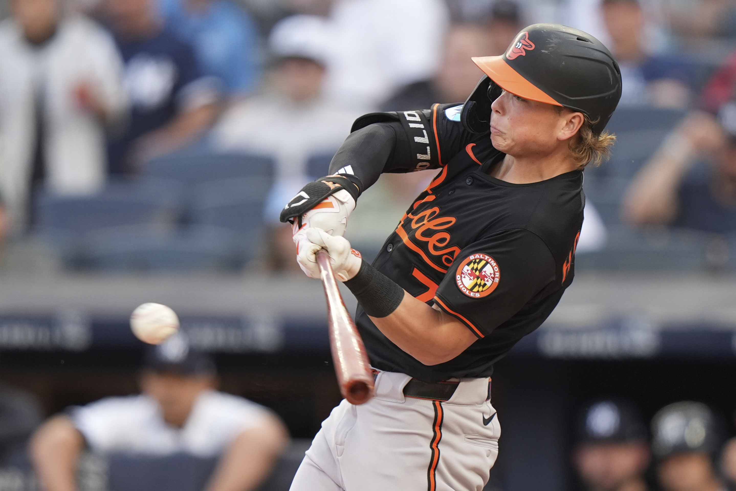 Baltimore Orioles' Jackson Holliday hits a single during the first...