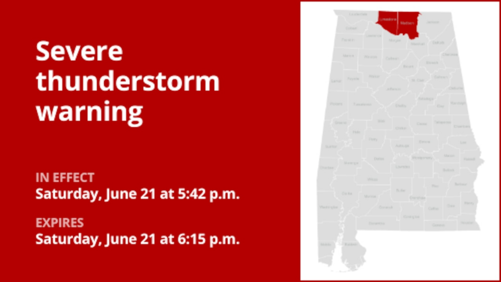 Thunderstorms with damaging winds and penny-sized hail in Limestone and Madison counties Saturday