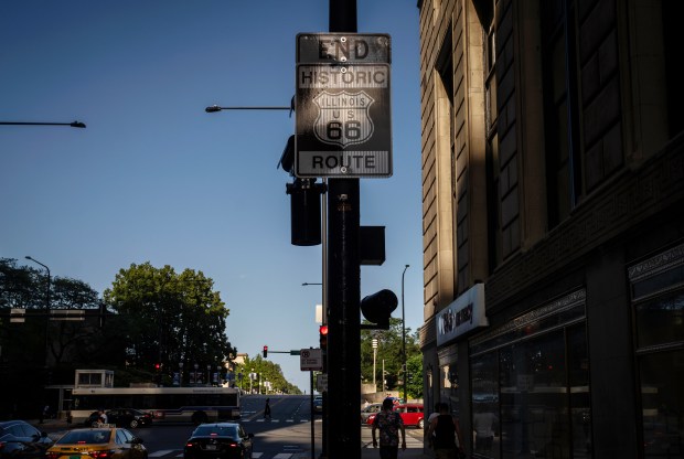The eastbound end of Route 66 at East Jackson Boulevard and South Michigan Avenue in Chicago, June 21, 2025. (E. Jason Wambsgans/Chicago Tribune)