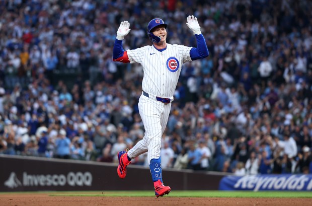 Chicago Cubs center fielder Pete Crow-Armstrong celebrates as he rounds the bases after hitting a 2-run home run in the fourth inning of a game against the Pittsburgh Pirates at Wrigley Field in Chicago on June 12, 2025. (Chris Sweda/Chicago Tribune)