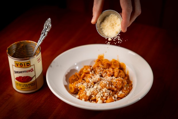 The Spaghetti Uh-O's with anelli siciliani, meatballs and vodka sauce is served from a can at Void in Avondale. (Brian Cassella/Chicago Tribune)