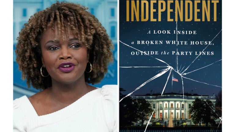 This combination of photos shows White House press secretary Karine Jean-Pierre during the daily briefing at the White House in Washington, on Nov. 13, 2024, left, and the cover of her book "Independent: A Look Inside a Broken White House, Outside the Party Lines."