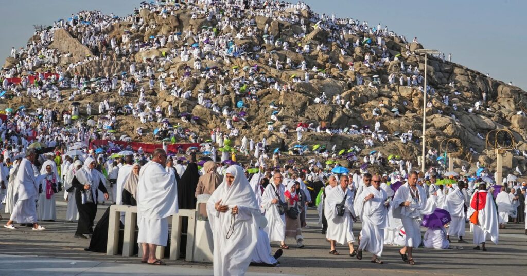 Muslim pilgrims seek forgiveness and shade on Mount Arafat during key Hajj ritual