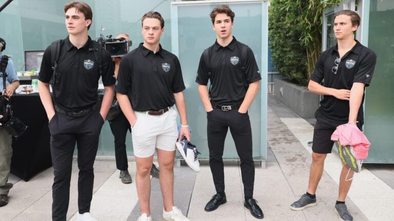 LOS ANGELES, CALIFORNIA - JUNE 26: (l-r) Porter Martone, James Hagens, Michael Misa and Victor Eklund arrive for the National Hockey League Top Prospects Media Availability at the JW Marriott LA Live on June 26, 2025 in Los Angeles, California.
