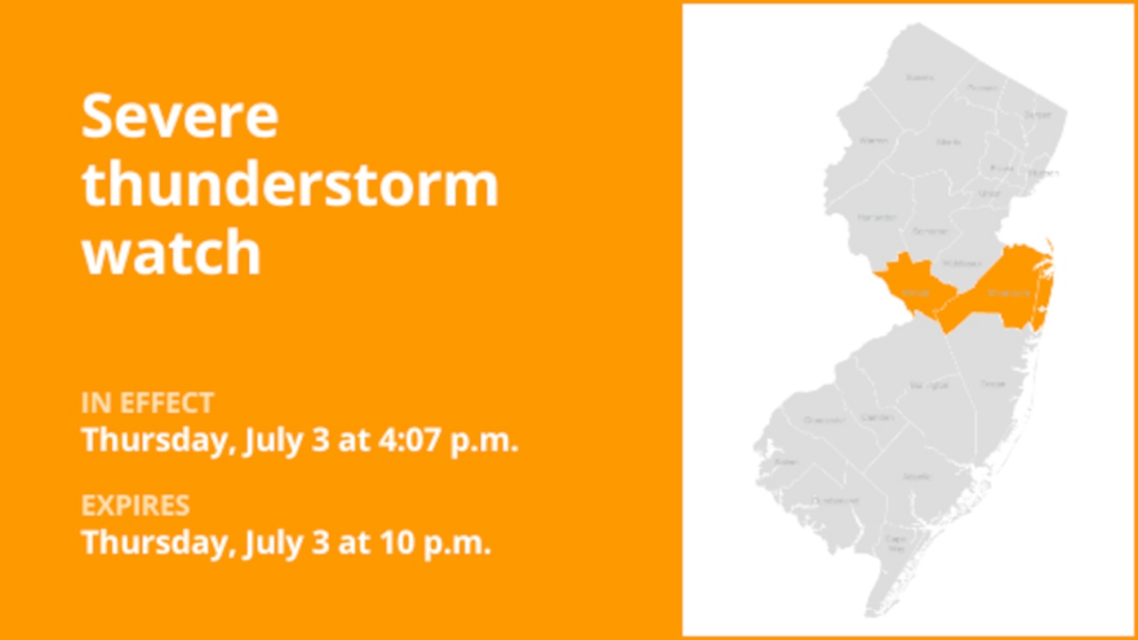 Severe thunderstorm watch in place for Mercer and Monmouth counties until Thursday night