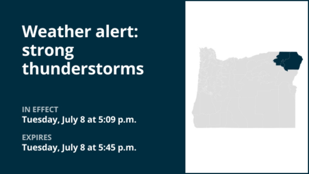 Weather alert for strong thunderstorms in NE Oregon early Tuesday evening – wind gusts reaching 50 mph