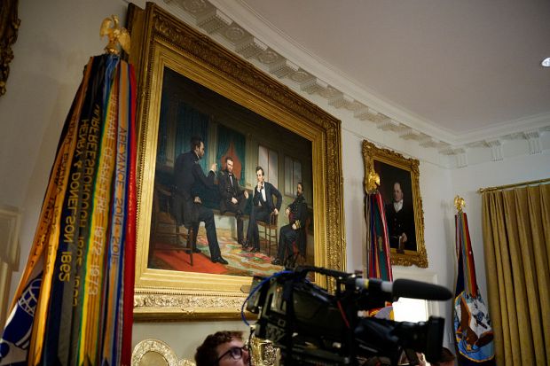 WASHINGTON, DC – JULY 08: A painting of former President...