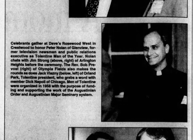 The Rev. Bob Prevost, now Pope Leo XIV, is pictured in the News in Religion column of Star Newspapers' Dimensions section in Nov., 1999. Prevost was attending a Tolentine Man of the Year award presentation at Dave's Rosewood West in Crestwood. (Daily Southtown)