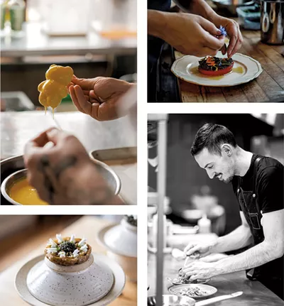 Clockwise from top left: A "teddy bear" dessert at Auberge Saint-Mathieu; a chef preparing a tomato dish at Espace Old Mill; Restaurant Alentours chef Tim Moroney; sfenj cracker with sheep yogurt and whitefish roe at Auberge Saint-Mathieu - COURTESY OF DAPHNÉ CARON, EMILIE LAPOINTE, ETIENNE DIONNE