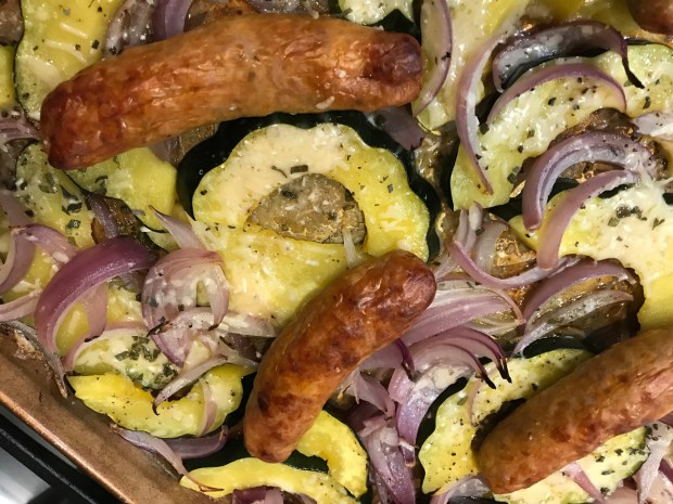 Turkey Sausage with Acorn Squash and Red Onions boasts a lovely balance of tantalizing flavors. (Photo by Cathy Thomas)