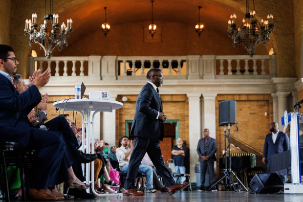 Mayor Brandon Johnson attends a screening of an excerpt from the documentary "Cooked: Survival by Zip Code," about the 1995 Chicago heat wave, at the Columbus Park Refectory on July 15, 2025, in Chicago. A panel discussion on the heat wave followed. (Armando L. Sanchez/Chicago Tribune)
