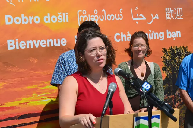 Mayor Emma Mulvaney-Stanak speaking outside Memorial Auditorium - SAM HARTNETT ©️ SEVEN DAYS
