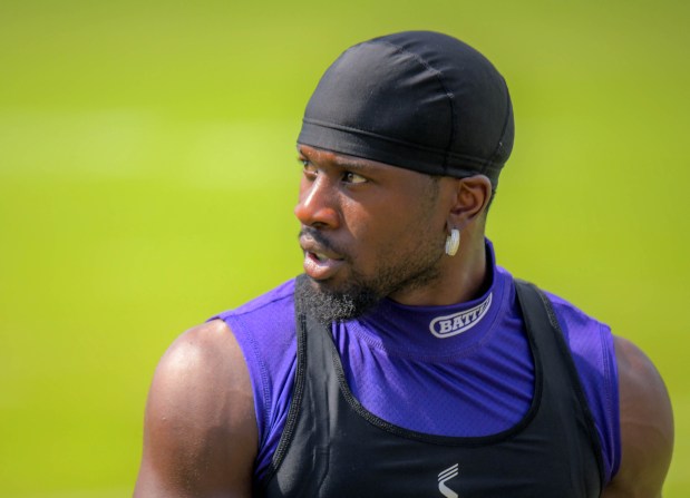 Baltimore Ravens cornerback Chidobe Awuzie during practice at Baltimore's training facility, for the upcoming NFL preseason game hosted by the Dallas Cowboys. (Karl Merton Ferron/Staff)