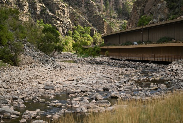 Water flows are low in a section of the Colorado River where the Shoshone Generating Station, a hydroelectric power plant, diverts water to generate power before returning it downstream, east of Glenwood Springs on Sept. 4, 2024. (Photo by RJ Sangosti/The Denver Post)