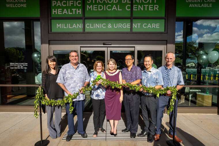 COURTESY STRAUB BENIOFF MEDICAL CENTER
From left: Amanda Woo, Hawaii Pacific Health Medical Group chief operating officer; Ray Vara, Hawaii Pacific Health president and CEO; Dr. Sandra Noon, HPH chief of primary care; Jennifer Jones, HPHMG vice president of clinic operations; Dr. Leslie Chun, HPHMG CEO; Terence Young, Straub Benioff Medical Center CEO; and Warren Chaiko, HPH senior vice president of design and construction.