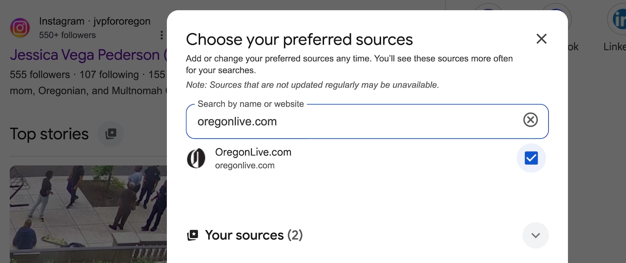Choosing a preferred source search on google
