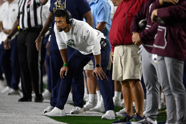 Notre Dame coach Marcus Freeman watches a play near the goal line during the fourth quarter against Texas A&M on Saturday, Sept. 13, 2025, in South Bend, Ind. (AP Photo/Paul Beaty)
