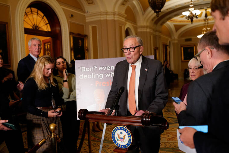 REUTERS/ELIZABETH FRANTZ / SEPT. 16
                                U.S. Senate Minority Leader Chuck Schumer (D-NY) holds a press conference following the Senate Democrats weekly policy lunch at the U.S. Capitol in Washington.