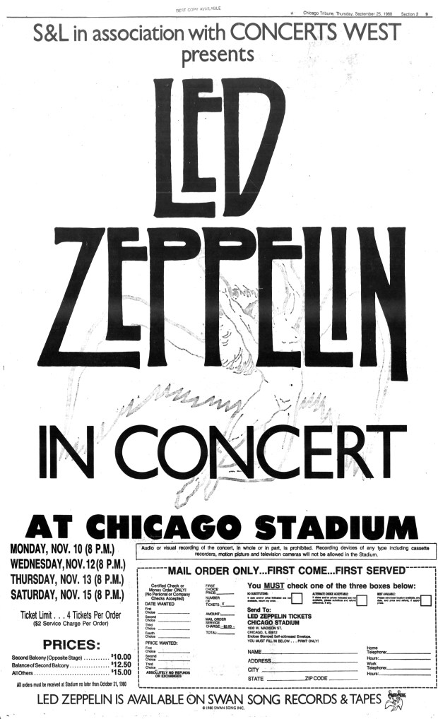Tickets for a series of Led Zeppelin concerts at Chicago Stadium planned for November 1980 required a mail-in form, which was published on Sept. 25, 1980 in the Tribune. (Chicago Tribune)
