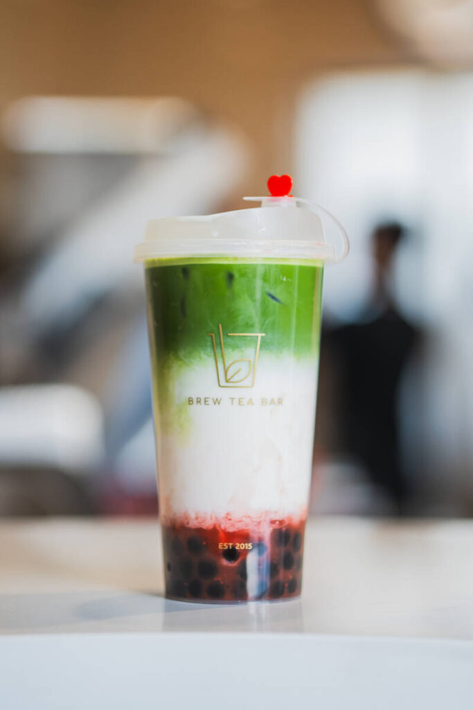 The Strawberry Matcha Milk Tea at Brew Tea features puree, milk and matcha. (Brew Tea)