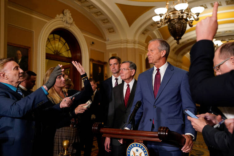 REUTERS/ELIZABETH FRANTZ / SEPT. 16
                                U.S. Senate Majority Leader John Thune (R-SD) holds a press conference following the Senate Republicans weekly policy lunch at the U.S. Capitol in Washington.