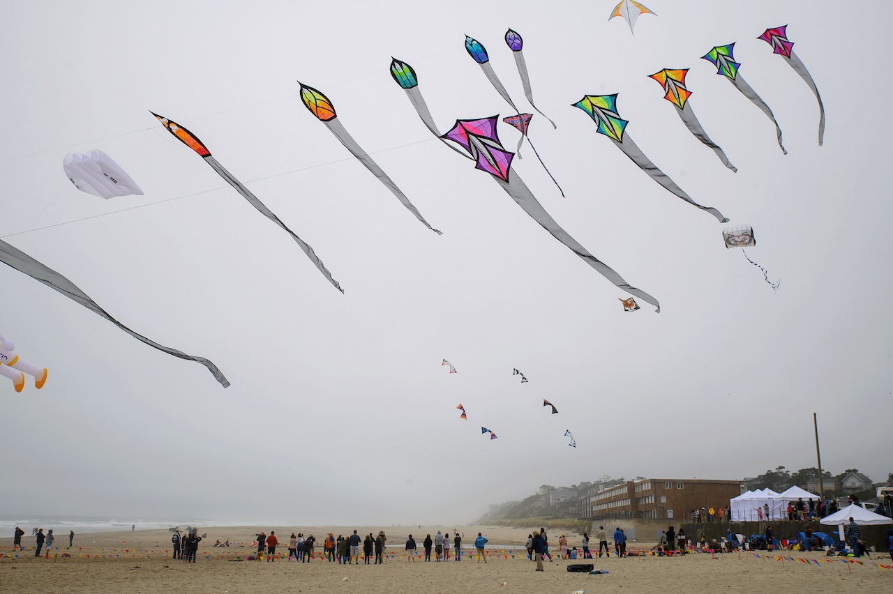 This image shows a beach scene with numerous kites soaring in the overcast sky. The kites are of various shapes and colors, with many having long, flowing tails. The kites have a leaf-like design with colorful patterns, and some feature bright, vibrant colors like orange, green, purple, and blue. Below the kites, a group of people is gathered on the sand, some watching the kites and others flying their own. The beach stretches out into the distance, with the ocean visible on the left side. Buildings and tents are visible in the background on the right side of the image, adding to the festive atmosphere. The overall scene is lively and filled with the joy of kite flying.