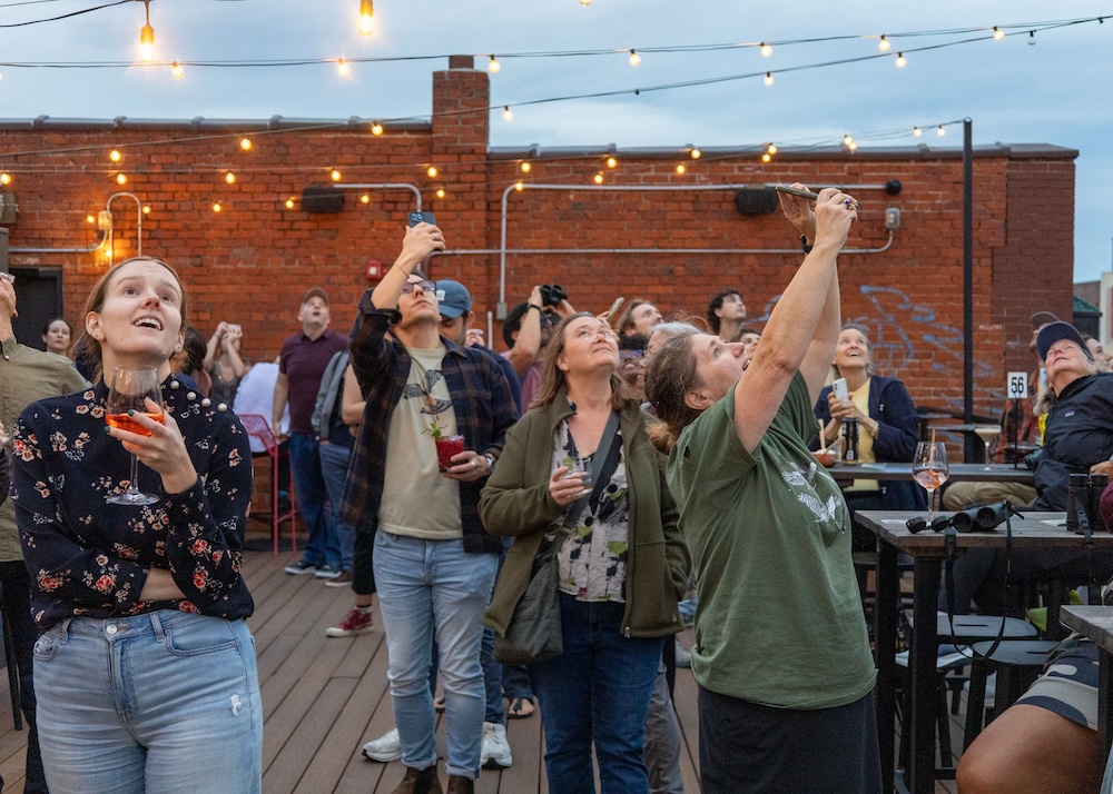 At top: Bird-watchers and bargoers enjoy the nightly chimney swift show from the Velvet Hippo’s rooftop. Photo by Jack Regan — The 9th Street Journal