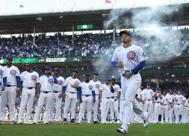 Cubs right fielder Seiya Suzuki is introduced for the NLDS...
