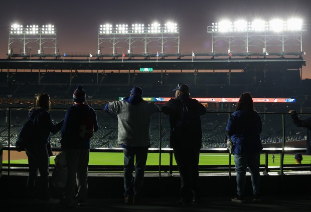 Fans take in a view of the ballpark from the...