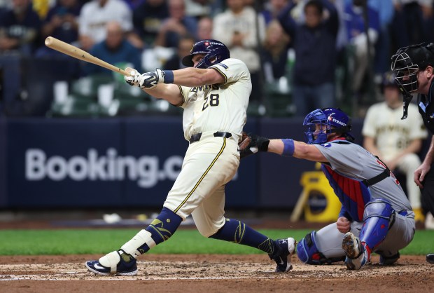 Milwaukee Brewers first baseman Andrew Vaughn hits a solo home...