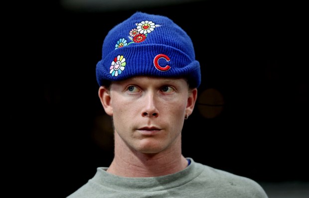 Chicago Cubs center fielder Pete Crow-Armstrong looks out onto the...
