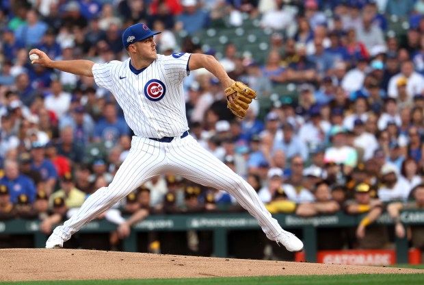 Cubs starting pitcher Jameson Taillon delivers to the Padres in...