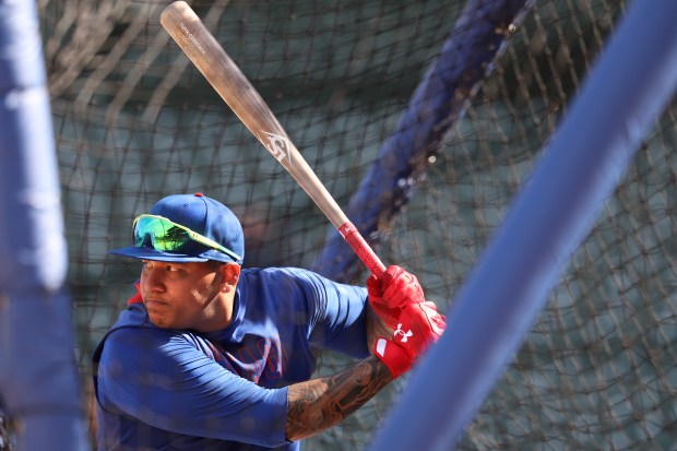 Cubs designated hitter Moisés Ballesteros takes batting practice ahead of...